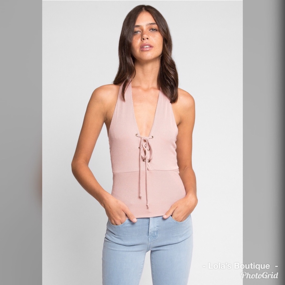 Light Pink Ribbed Halter Top